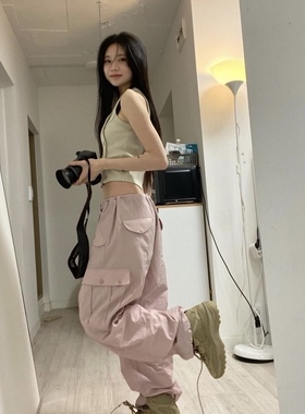 bonnae粉色工装裤女辣妹束口设计系带运动裤口袋直筒高腰休闲长裤