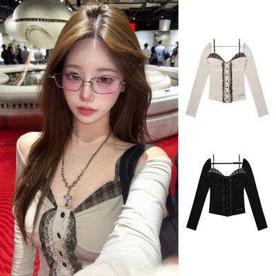 设计感辣妹木耳边露肩长袖T恤