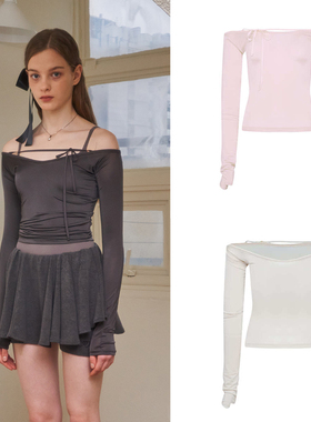 早春甜美自制芭蕾少女PEHRT粉嫩系带蝴蝶结露肩修身纯色薄长袖t恤