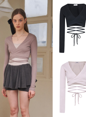 自制PEHRT芭蕾上衣 粉嫩甜美法式少女系带v领露脐绑带修身长袖t恤