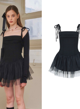 自制韩国pehrt芭蕾吊带连衣短裙甜美少女网纱系带辣妹高腰小黑裙