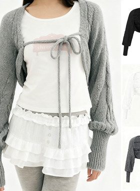 金玟庭韩国甜美风短款系带麻花针织开衫女慵懒风披肩外套毛衣罩衫