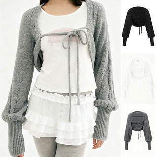 金玟庭韩国甜美风短款系带麻花针织开衫女慵懒风披肩外套毛衣罩衫