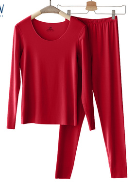 STW红色保暖内衣套装女结婚无痕打底衫低领80支莫代尔秋衣秋裤