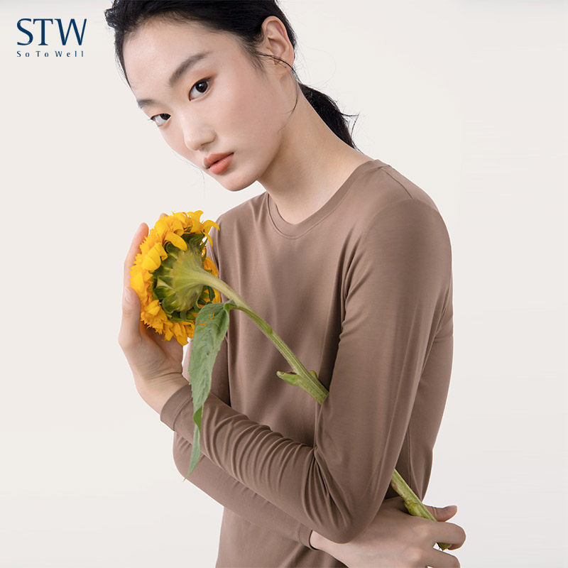 STW莫代尔棉保暖秋衣女长袖薄款单件内搭内穿内衣可外穿打底上衣