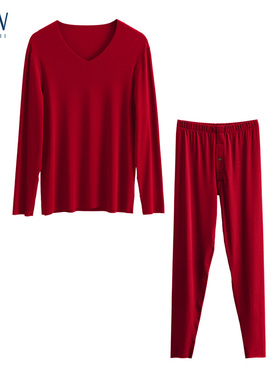 STW本命年大红色保暖内衣套装男士秋衣秋裤无痕加绒加厚内穿打底