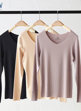 STW无痕保暖内衣女打底修身V领莫代尔内搭秋衣上衣长袖低领秋冬