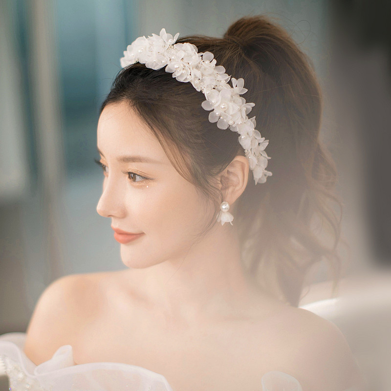 超仙甜美浪漫绢纱花朵新娘发箍发带头饰耳饰套装婚纱礼服造型花环
