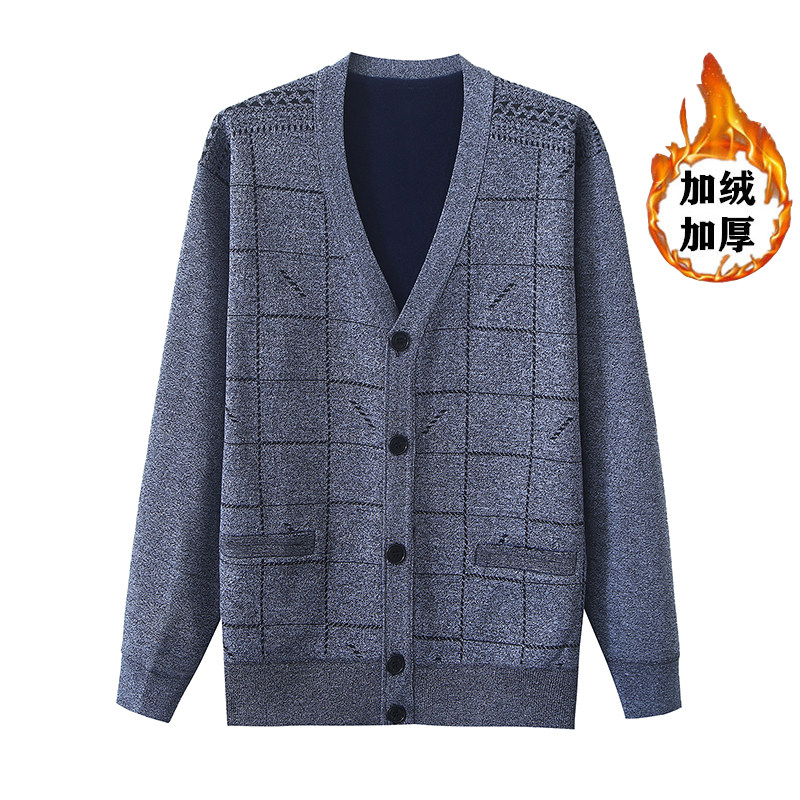 新品中老年男装方格加绒口袋开衫  休闲加厚爸爸装秋冬提花针织衫,男装,中老年上装,淘宝优惠券,粉丝福利购,淘宝优惠卷