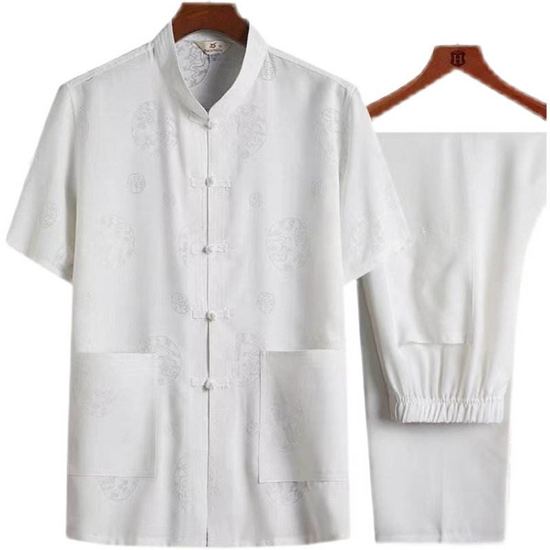 中老年夏装短袖棉麻套装  休闲立领唐装中国风宽松爸爸衬衣两件套,男装,唐装,淘宝优惠券,粉丝福利购,淘宝优惠卷