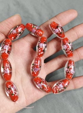 s96 14x27mm红色印花琉璃珠一条