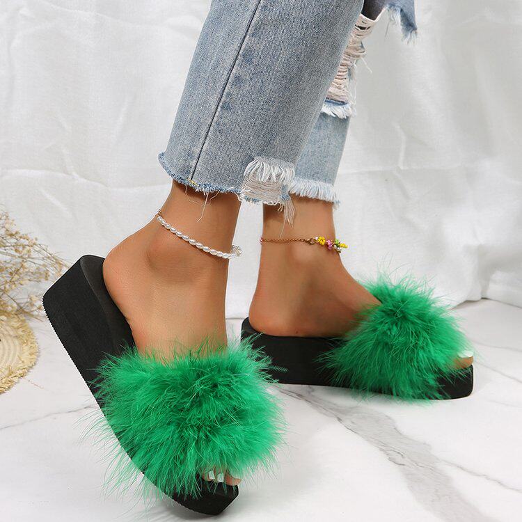 黑色松糕厚底真毛一字拖鞋女鞋子2024夏季沙滩凉拖室内外毛毛凉鞋