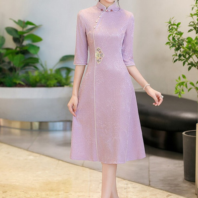 紫色旗袍喜婆婆婚宴装2025新款秋季礼服妈妈连衣裙新中式平时可穿