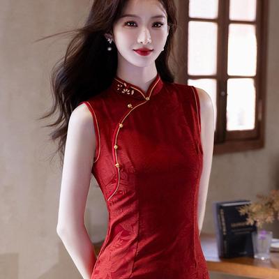 红色旗袍2025新款夏季女无袖高端大气上档次订婚改良新中式连衣裙