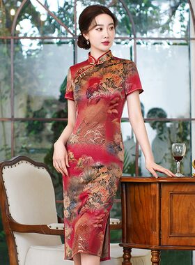 高考送考旗袍红色妈妈夏季女装小个子年轻新式礼服胖妹妹大码国风