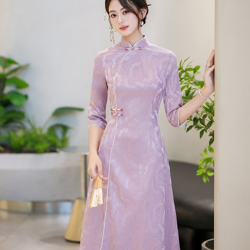 12月份喜婆婆婚宴装2025新款紫色中式旗袍妈妈结婚礼服秋季中长袖