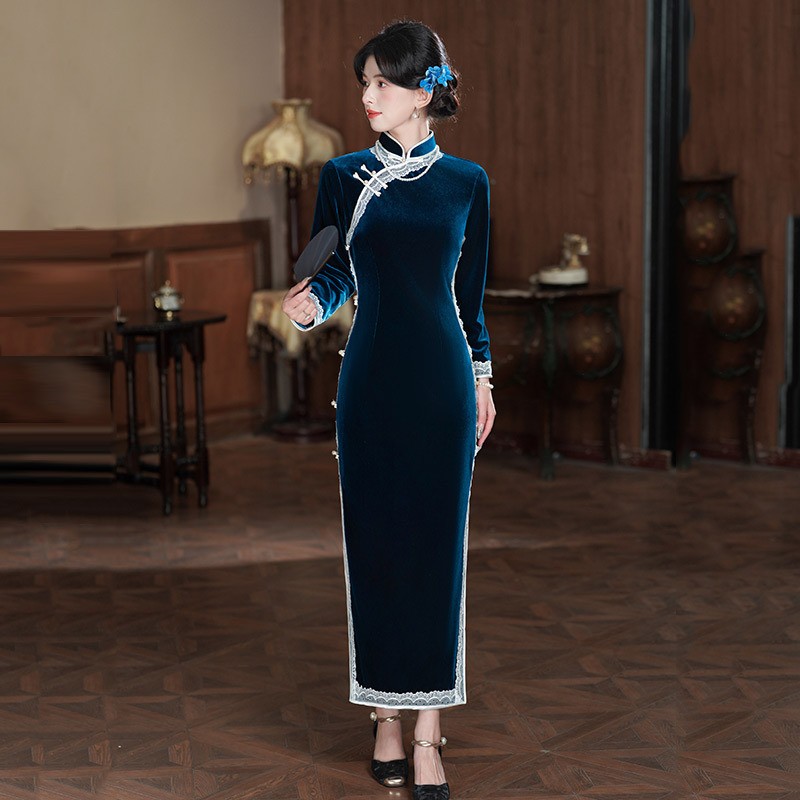 老上海旗袍长款2025春秋新品弹力长袖复古民国风日常宴会婚礼服裙
