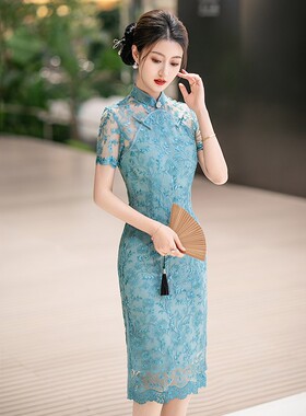 蓝色蕾丝性感旗袍裙2026夏季新款新中式改良绝美文艺减龄洋气高端