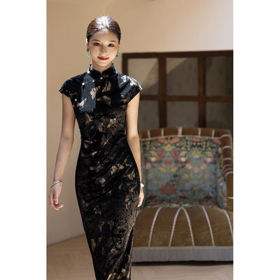 【鎏金蝴蝶】新中式改良年轻款黑色丝绒旗袍礼服日常可穿演出年会