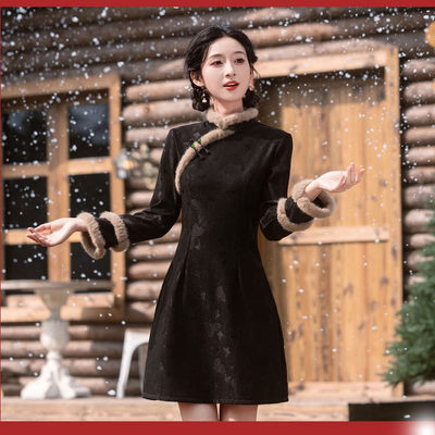 冬季旗袍女新中式加绒加厚2025新款小个子长袖黑色连衣裙改良绝美