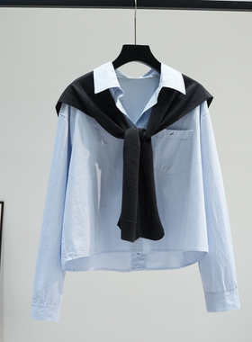 浅蓝色宽松短款棉衬衫女配披肩长袖休闲衬衣2026春季文艺范上衣潮