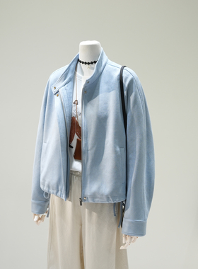 蓝色麂皮绒短款外套女2025秋季超好看立领宽松长袖夹克百搭上衣潮