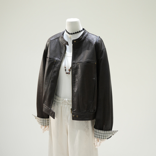 立领美拉德风棕色PU皮夹克女2025秋季酷飒风短款皮衣外套小子个子