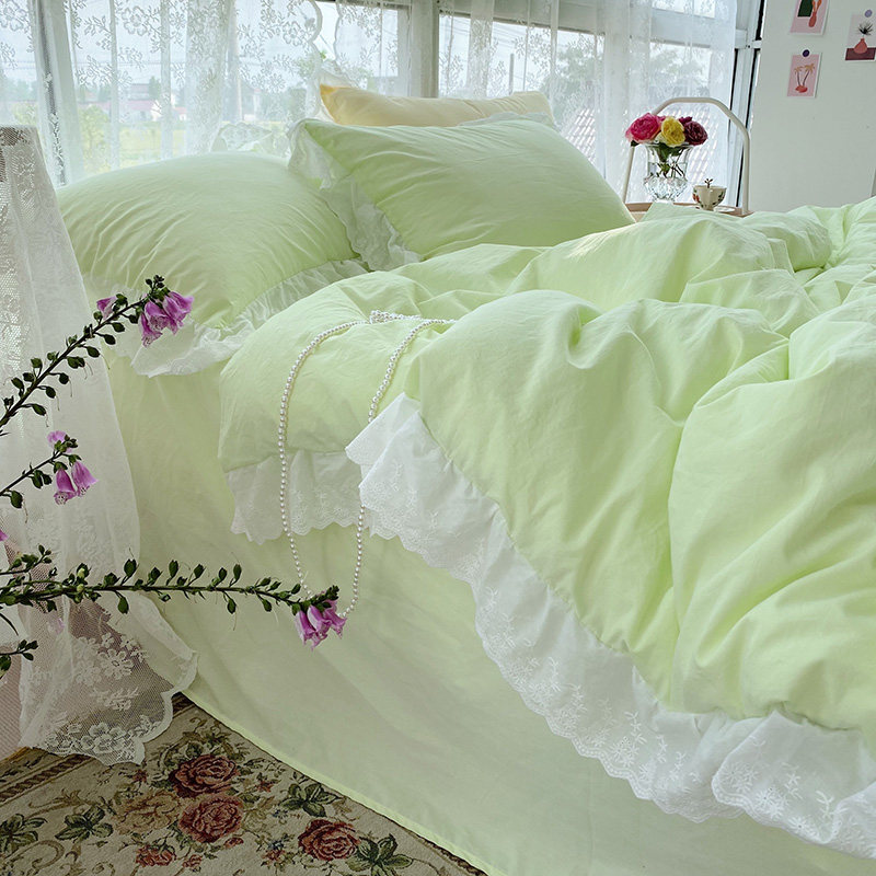 悦兮|森系清新薄荷奶绿~柔软全棉水洗棉四件套纯棉被套纯色少女心