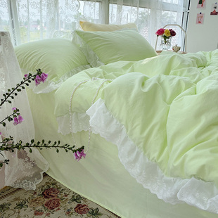 悦兮 柔软全棉水洗棉四件套纯棉被套纯色少女心 森系清新薄荷奶绿