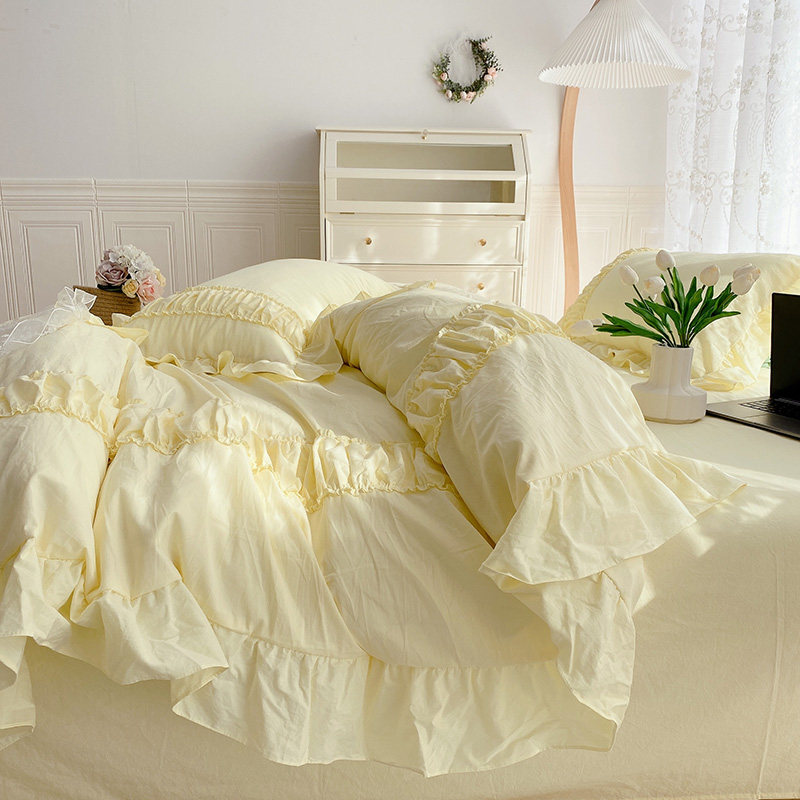 悦兮|春季韩系少女温柔奶油黄全棉四件套纯棉花边公主风床上用品