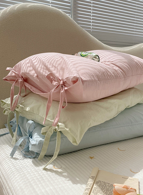 纯色百搭|ins少女心蝴蝶结系带全棉枕套纯棉48cmx74cm一对装拍2