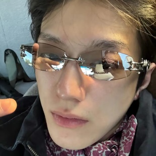 赖伟明同款复古无框长方形前卫时髦墨镜五角星Y2K科技酷太阳眼镜