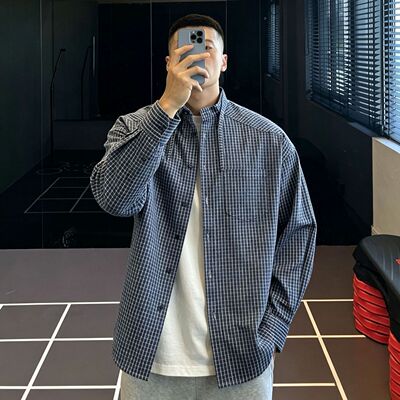 春秋新款美式潮牌设计感格子立领长袖衬衫男潮流宽松休闲百搭外套