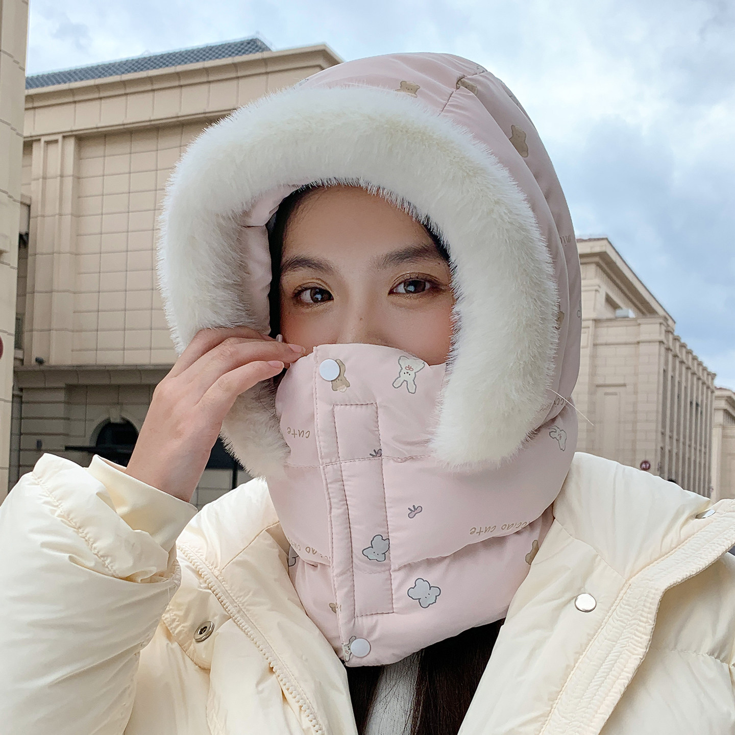 冬季女电动车骑行加绒护脸雷锋帽