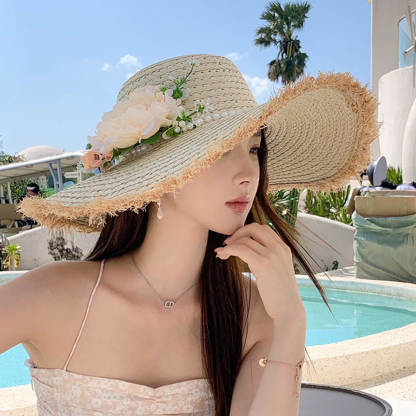 法式花朵大檐防晒草帽女沙滩
