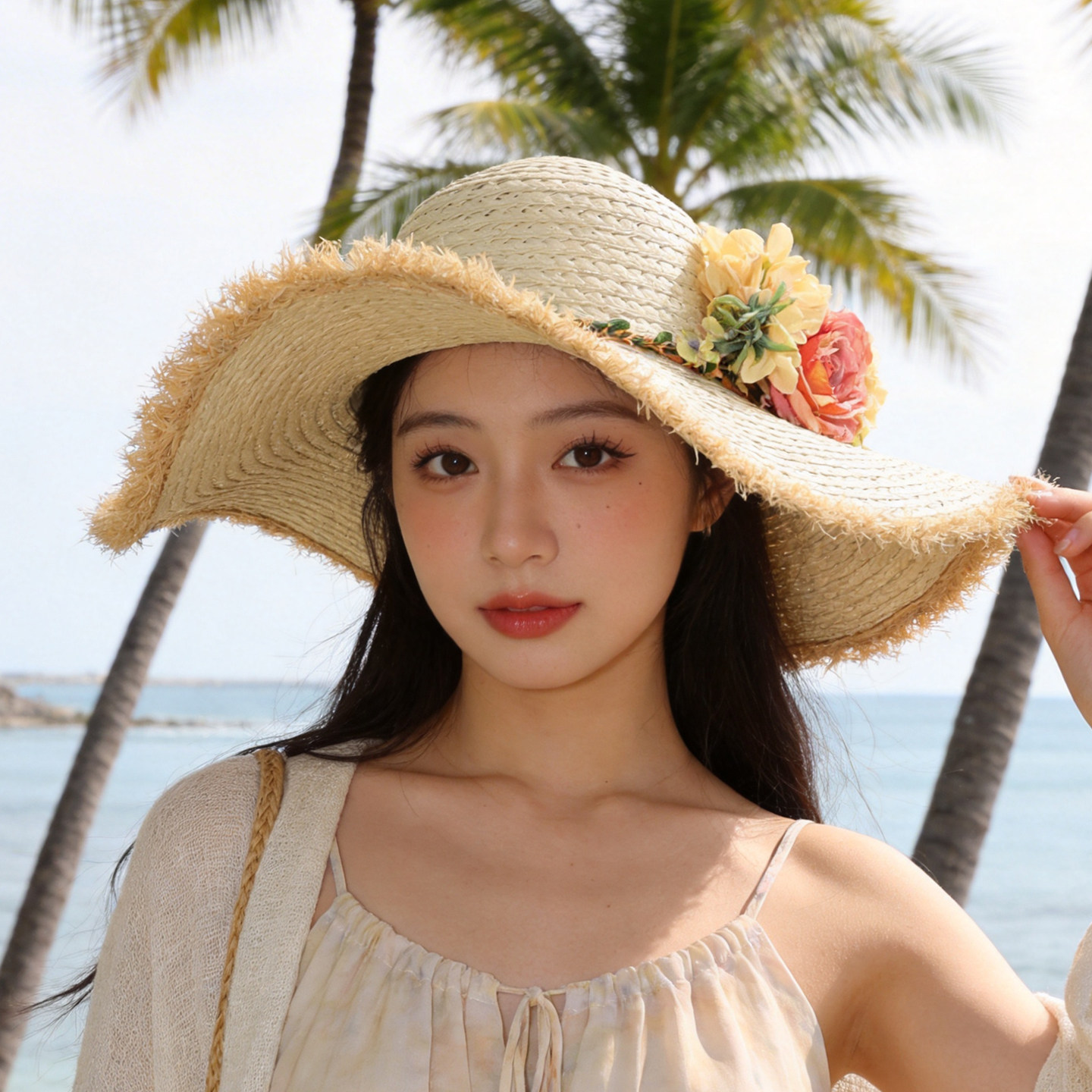法式花朵大檐遮阳帽女防晒