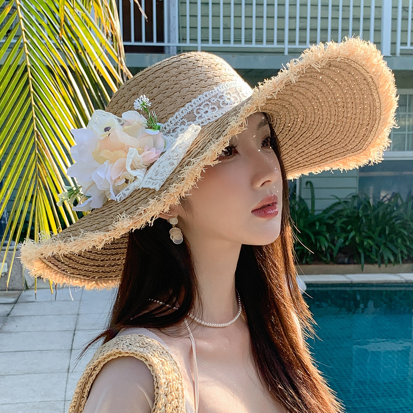 法式花朵大檐防晒沙滩草帽女