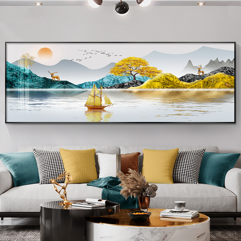 速发客厅装饰画横发大气沙款背景墙轻画大幅挂奢山水画办公室风景
