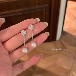 闪锆超仙四叶花珍珠流苏耳环高级感轻奢气质大气方圆耳饰女耳钉