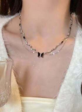 爆款双层黑色蝴蝶组合式项链女ins锁骨链女高级小众设计感配饰潮