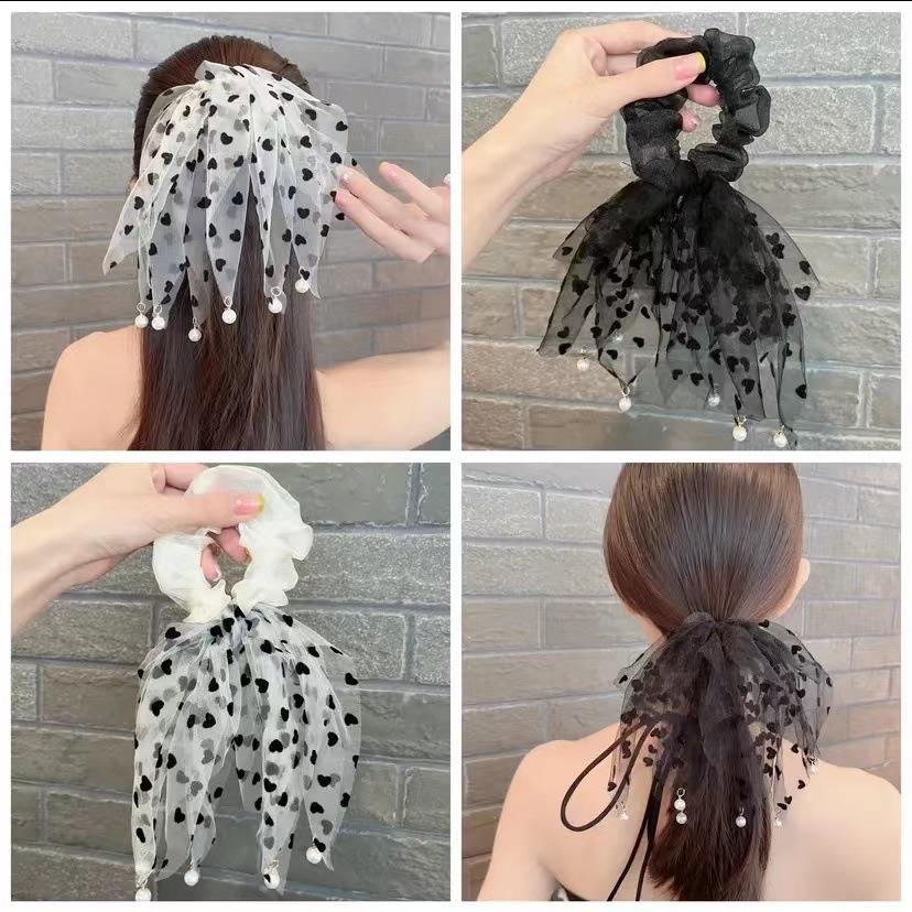 波点小流苏珍珠网纱发圈头绳大肠圈丸头皮筋扎头发绳女飘带发饰