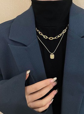 韩国双层叠戴方牌项炼简约
