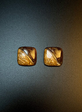 古着vintage方形咖啡色耳钉