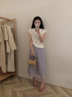 lalaland温柔风设计感双层紫色半身裙春夏百搭气质显瘦中长款裙子