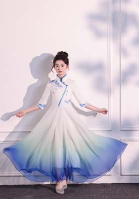 六一儿童合唱诗歌朗诵演出服女童中国风小学生蓝色演讲比赛礼服装