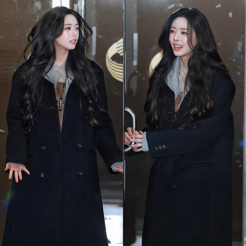 申有娜明星同款正肩黑长款羊毛呢子大衣2025冬装加厚宽松毛呢外套