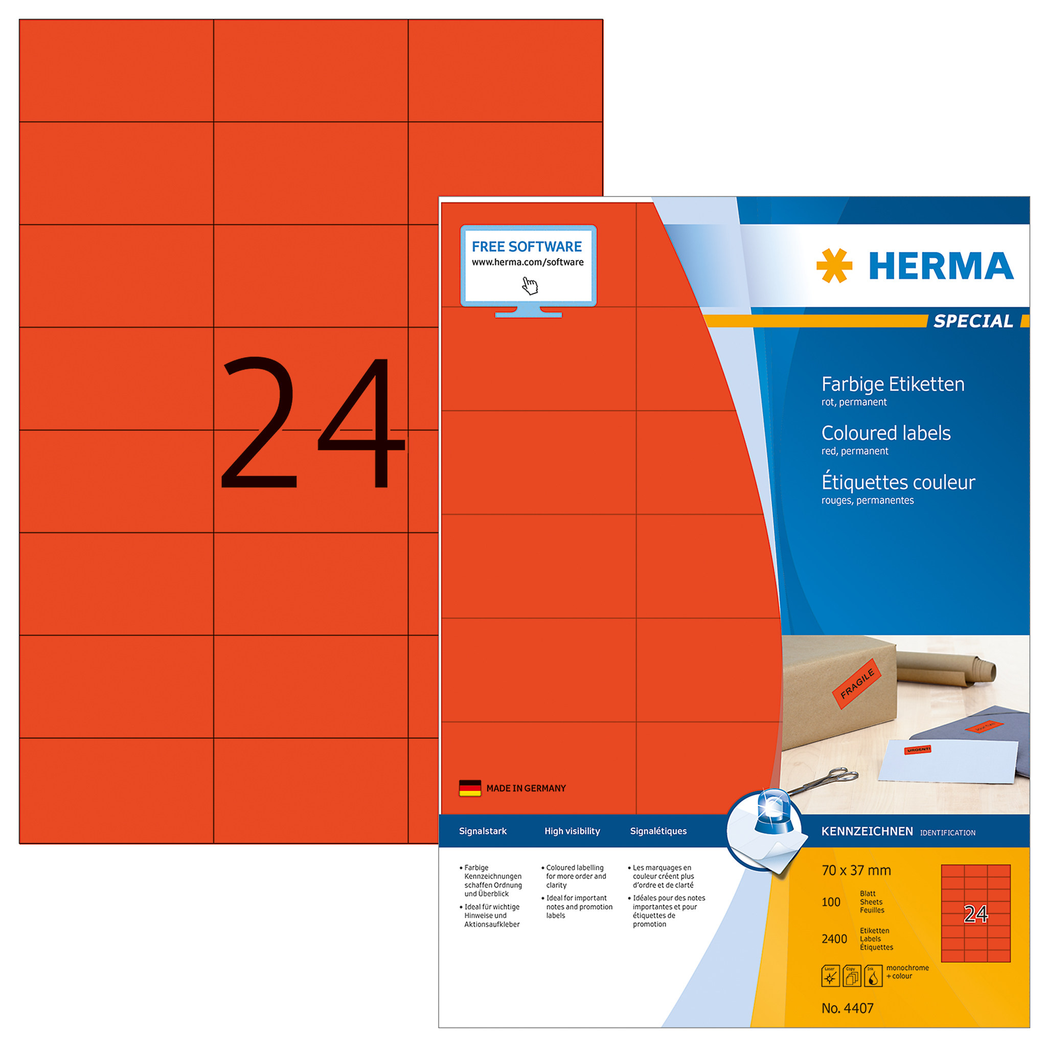 HERMA德国豪玛4407 A4-100张红色不干胶打印标签纸70x37mm