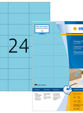 HERMA德国豪玛4408 A4-100张蓝色不干胶打印标签纸70x37mm