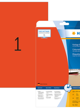 HERMA 4422 豪玛A4-20张可移除红色不干胶标签纸210x297mm