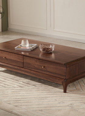 实木茶几北欧黑胡桃木长茶几客厅家具小户型茶桌客厅储物桌抽屉桌